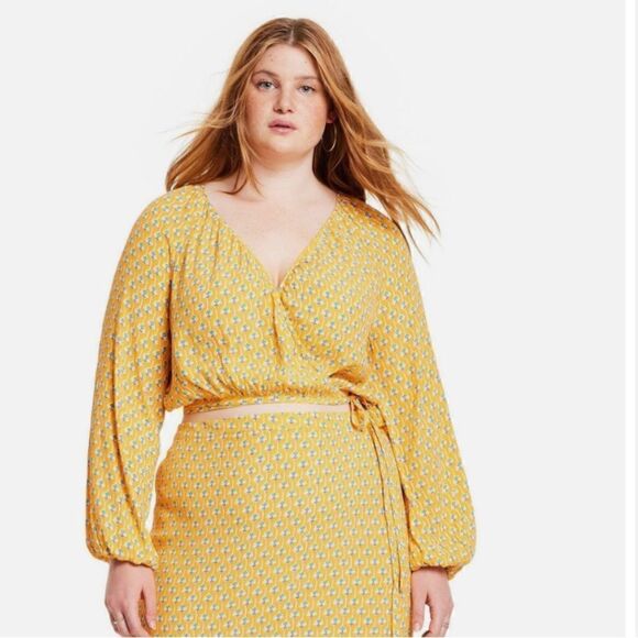 Rode By Target Women's Dainty Lotus Print Wrap Top Yellow/Turquoise Size M NWT - Picture 9 of 9